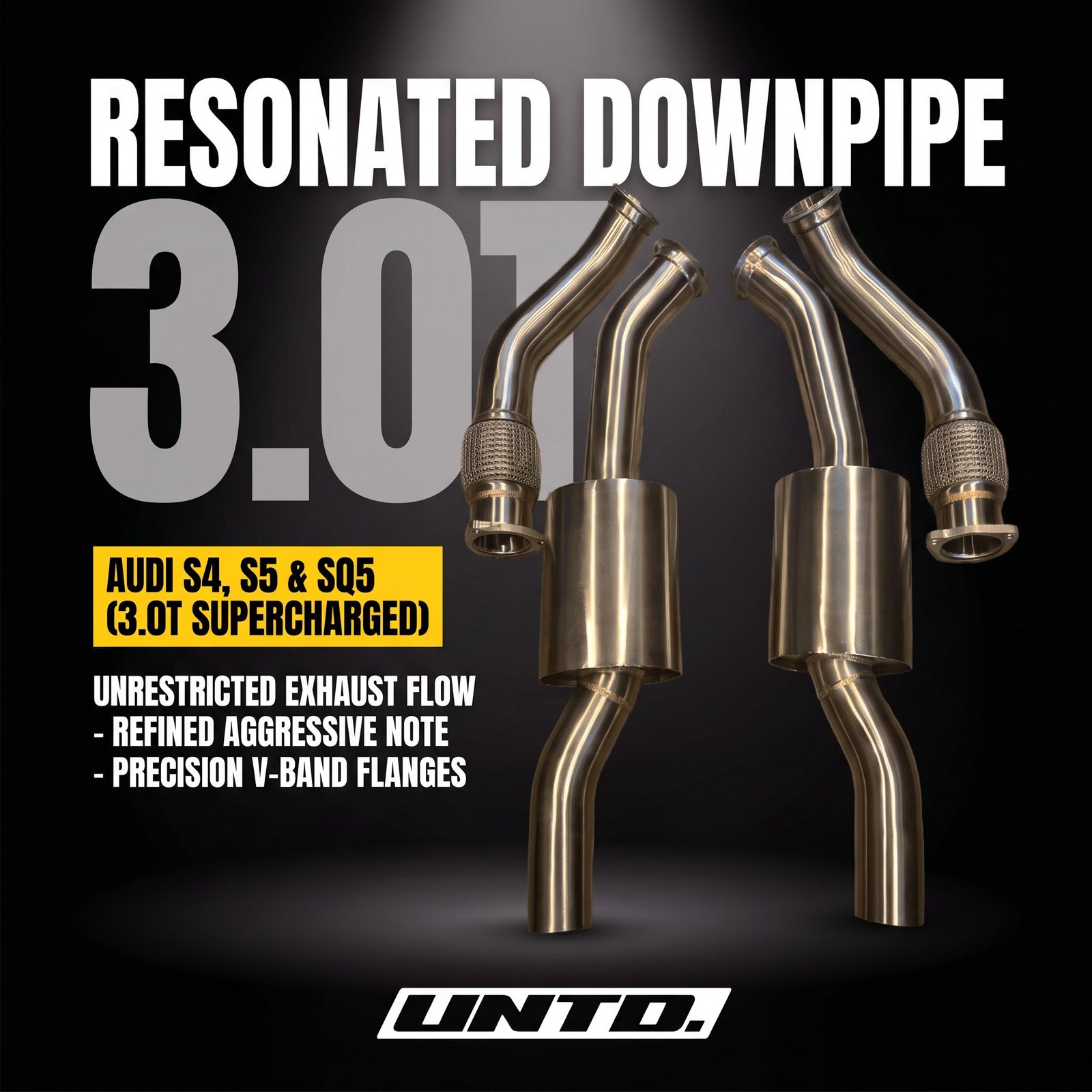 Untd. Performance Resonated Lower Downpipe W/ V-Bands Audi 3.0T Supercharged - S4 S5 SQ5 B8 B8.5 - A6 A7 C7 C7.5