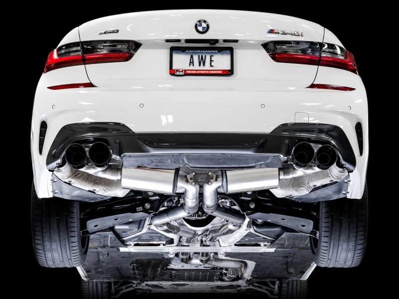 AWE Tuning 2019+ BMW M340i (G20) Resonated Touring Edition Exhaust - Quad Diamond Black Tips - Image 2