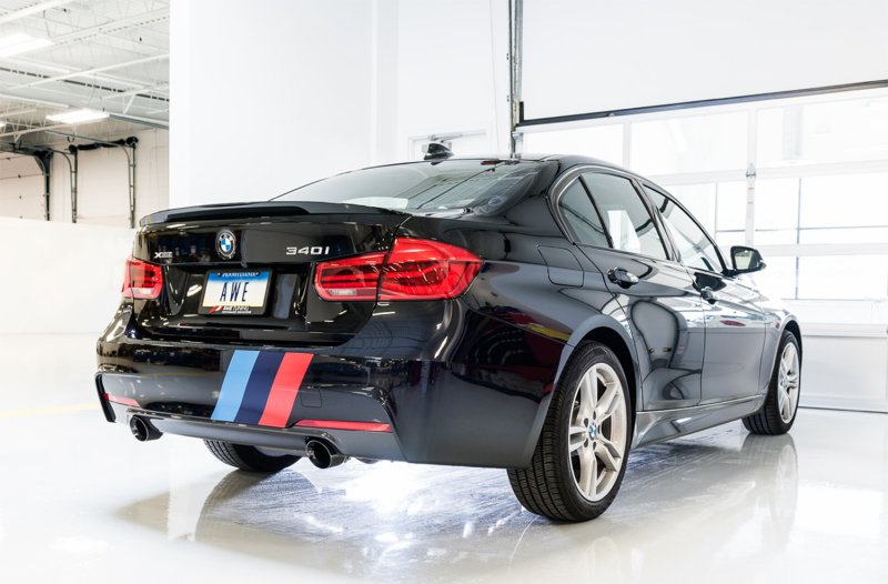 AWE Tuning BMW F3X 340i Touring Edition Axle-Back Exhaust - Chrome Silver Tips (102mm) - Image 3