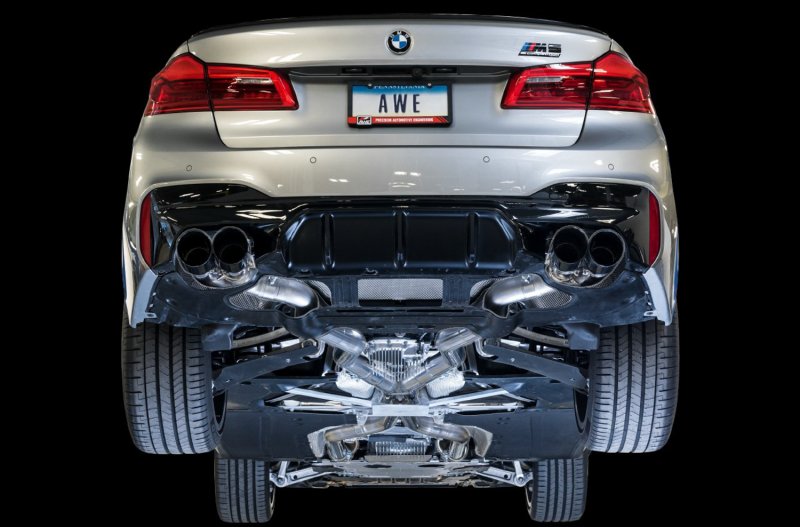 AWE Tuning 18-19 BMW M5 (F90) 4.4T AWD SwitchPath Cat-back Exhaust - Chrome Silver Tips - Image 3